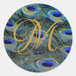 Elegant Gouden Monogram Op Pauwveren Ronde Sticker