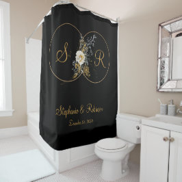 Elegant Gouden Monogram Op Zwarte Trouwcadeau Douchegordijn