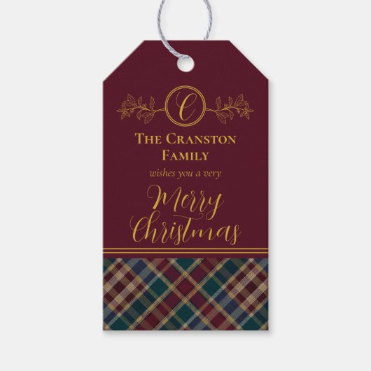 Elegant gouden monogram Plaid - Cranberry Blue Bla Cadeaulabel (Voorkant)