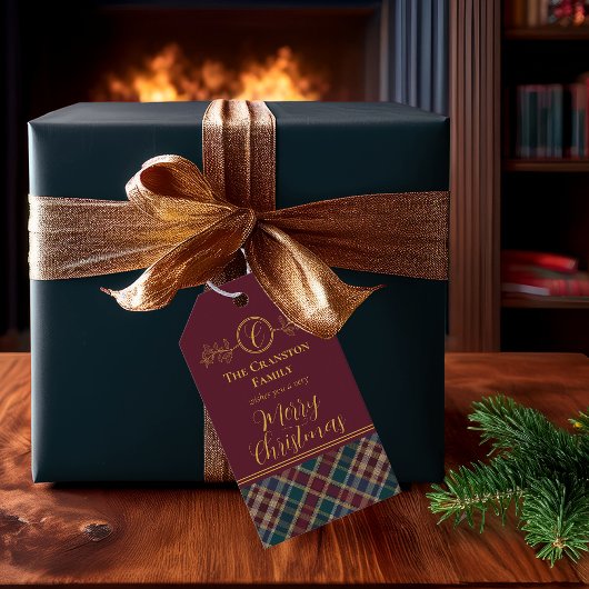 Elegant gouden monogram Plaid - Cranberry Blue Bla Cadeaulabel