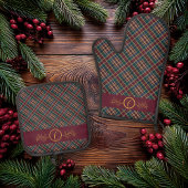 Elegant gouden monogram Plaid - Cranberry Blue Bla Ovenwant & Pannenlap Set