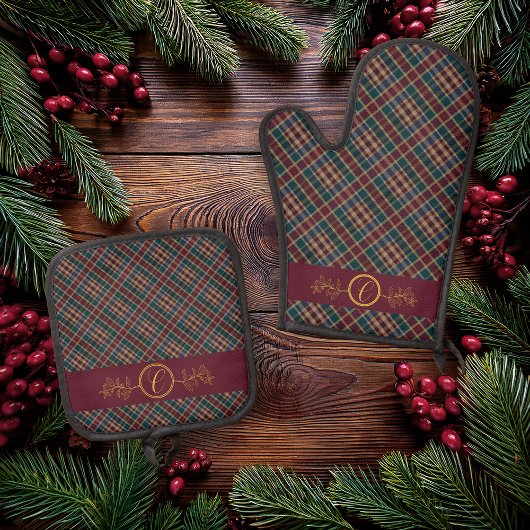 Elegant gouden monogram Plaid - Cranberry Blue Bla Ovenwant & Pannenlap Set