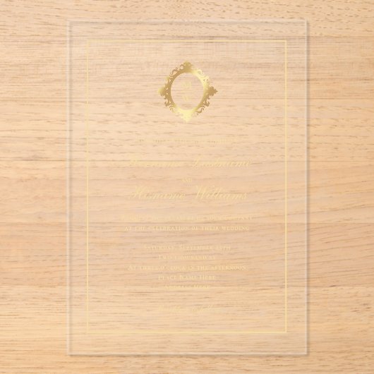 Elegant Gouden Monogram Stijlvolle Trouw Transpara Acryl Uitnodigingen (Voorkant)