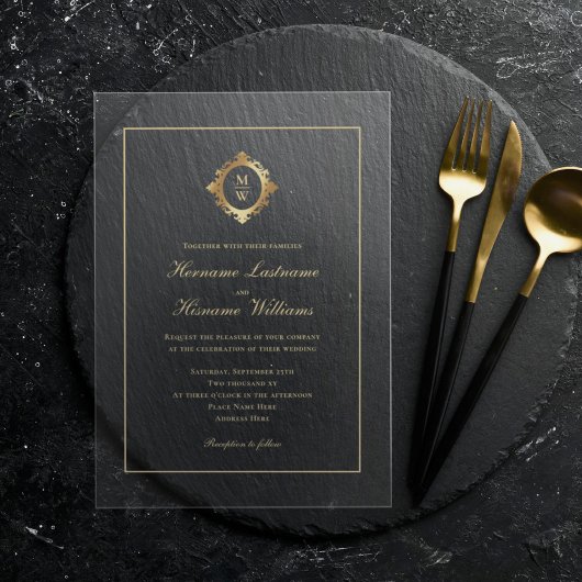 Elegant Gouden Monogram Stijlvolle Trouw Transpara Acryl Uitnodigingen