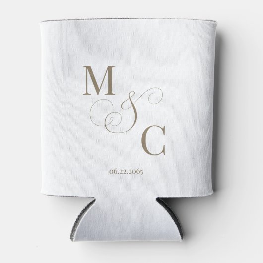 Elegant Gouden Monogram Wit Huwelijk Blikjeskoeler (Voorkant)