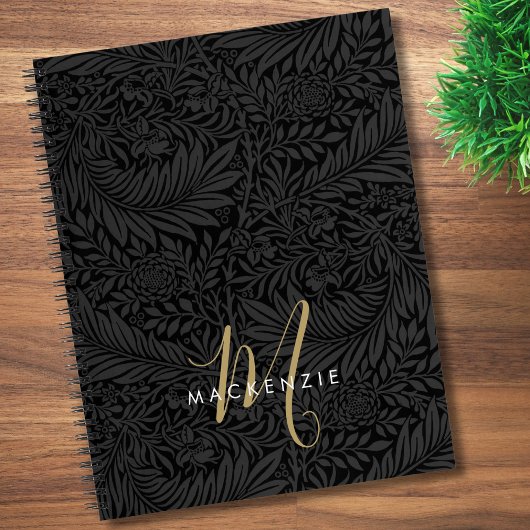 Elegant Gouden Monogram Zwarte Bloempatroon Notitieboek