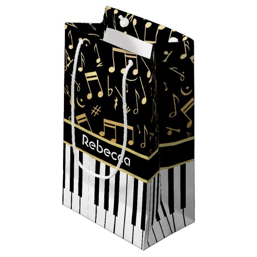 Elegant gouden muzieknoten pianosleutels klein cadeauzakje (Voorkant Gekanteld)
