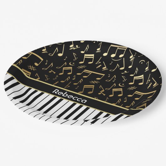 Elegant gouden muzieknoten pianosleutels papieren bordje (Gekanteld)