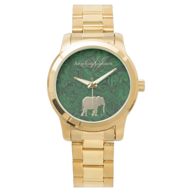 Elegant Gouden Olifant Emerald Groen Monogram Horloge (Voorkant)