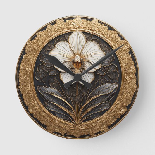 Elegant gouden orchidee ontwerp ronde klok (Voorkant)