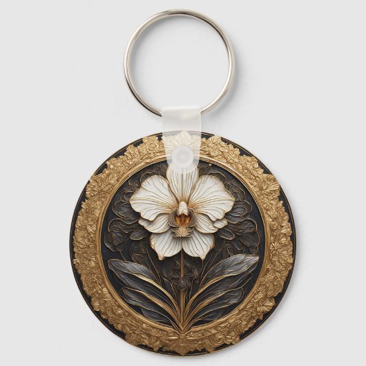 Elegant Gouden Orchidee Ontwerp Sleutelhanger (Voorkant)