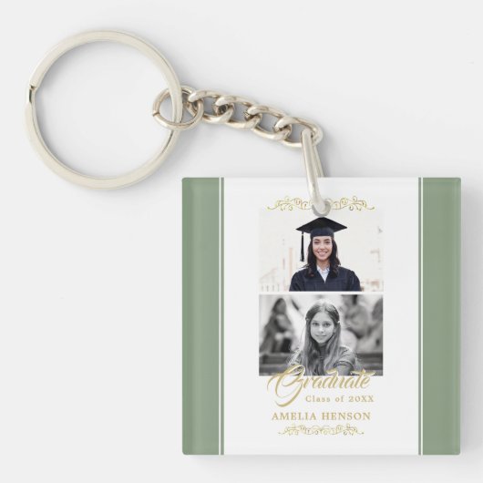 Elegant gouden Ornament Graduation Party 2 Foto Sleutelhanger (Voorkant)