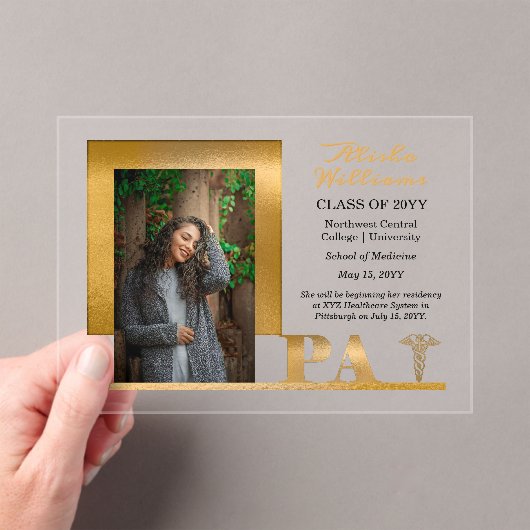 Elegant gouden PA Caduceus foto Afstuderen Acryl Uitnodigingen (Insitu (Draagbaar))