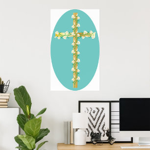 Elegant Gouden Paaskruis met Witte Lelies Poster
