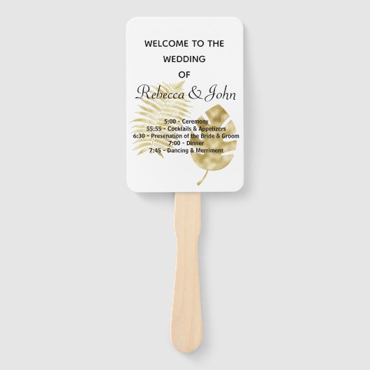 Elegant Gouden Palm Leave Trouwprogramma Hand Fan Handwaaier (Voorkant)