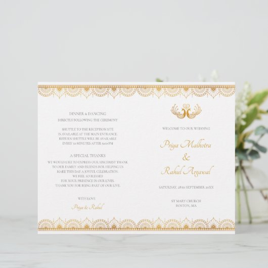 Elegant gouden patroon Indisch huwelijksprogramma (Staand voorkant)