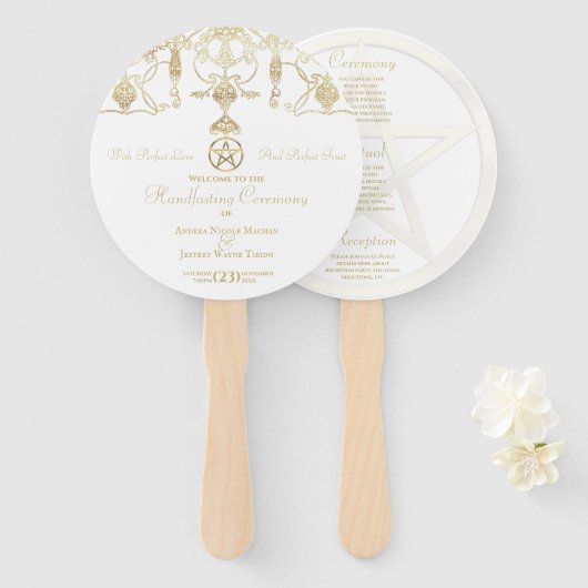 Elegant gouden pentakel handvasten handwaaier (Voorkant en achterkant)