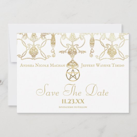Elegant gouden pentakel handvasten save the date (Voorkant)