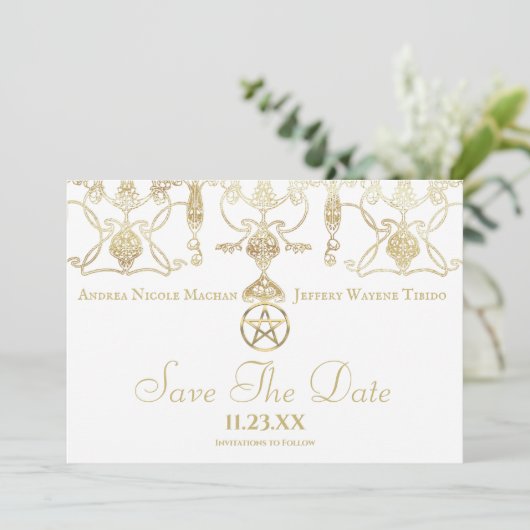 Elegant gouden pentakel handvasten save the date (Staand voorkant)