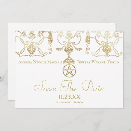Elegant gouden pentakel handvasten save the date (Voorkant / Achterkant)