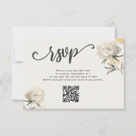Elegant Gouden Peony QR Code Bruiloft RSVP Kaart (Voorkant)