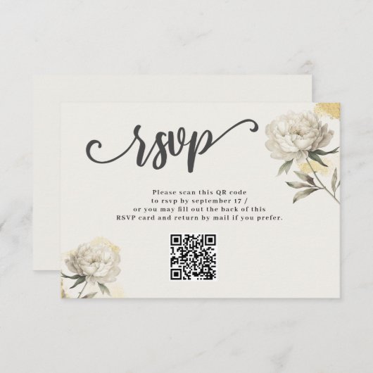 Elegant Gouden Peony QR Code Bruiloft RSVP Kaart (Voorkant / Achterkant)