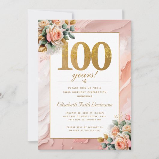 Elegant Gouden Perzik Roze Bloemen 100ste Verjaard Kaart (Voorkant)