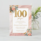 Elegant Gouden Perzik Roze Bloemen 100ste Verjaard Kaart (Staand voorkant)