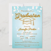 Elegant gouden Pet op Blue Photo Graduation Party Kaart (Voorkant)