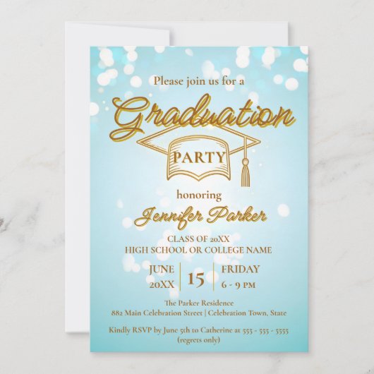 Elegant gouden Pet op Blue Photo Graduation Party Kaart (Voorkant)