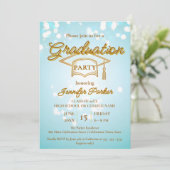 Elegant gouden Pet op Blue Photo Graduation Party Kaart (Staand voorkant)