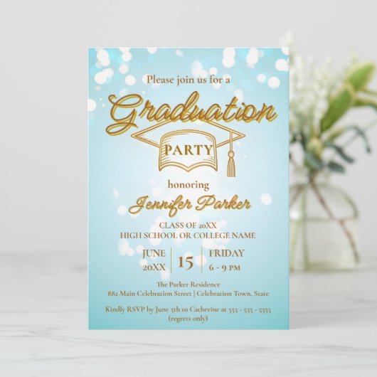 Elegant gouden Pet op Blue Photo Graduation Party Kaart (Staand voorkant)