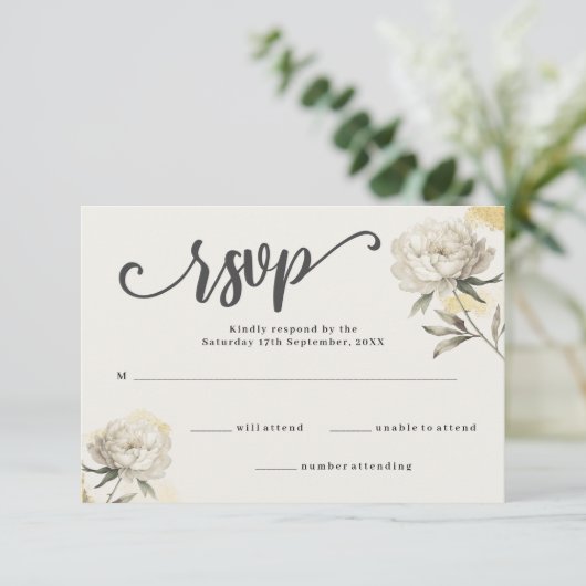 Elegant Gouden Pioen Bloemen Bruiloft RSVP Kaart (Staand voorkant)