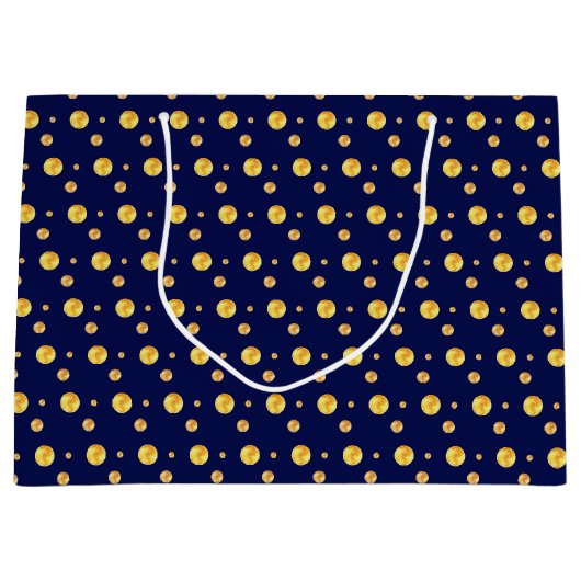Elegant gouden polka-stippen op marineblauw groot cadeauzakje (Voorkant)
