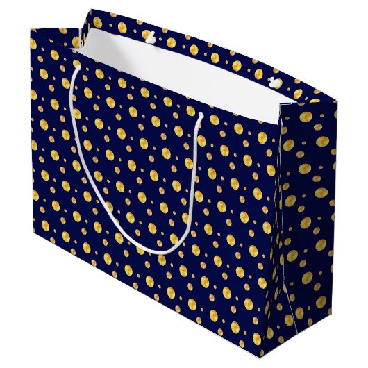 Elegant gouden polka-stippen op marineblauw groot cadeauzakje (Achterkant Gekanteld)