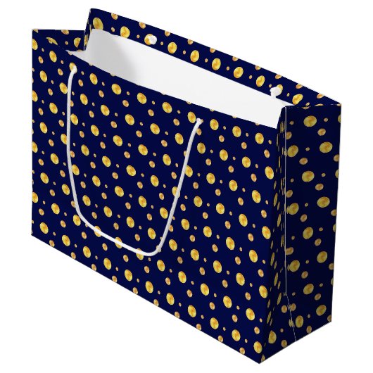 Elegant gouden polka-stippen op marineblauw groot cadeauzakje (Voorkant Gekanteld)