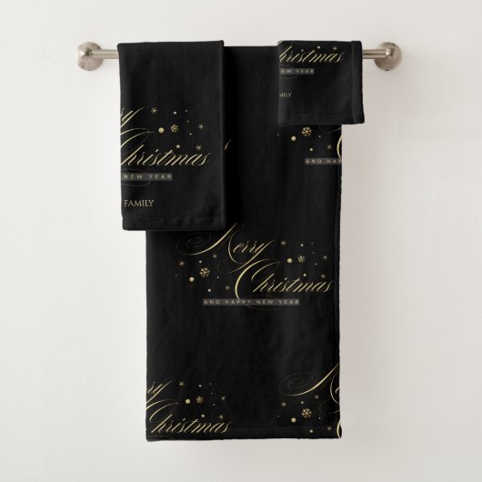 Elegant Gouden Prettig Kerstfeest Script Zwart Bad Handdoek (Insitu)