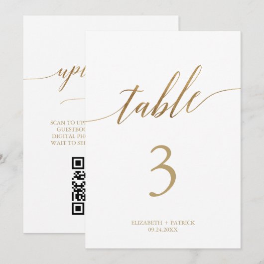Elegant Gouden Printbare Tafelnummer Foto QR Code (Voorkant / Achterkant)