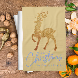 Elegant Gouden Rendier Prettig Kerstman Script Theedoek