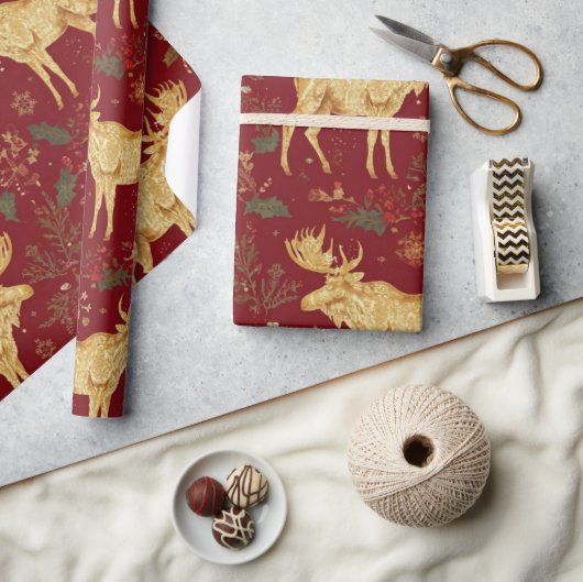 Elegant gouden rendier rood vrolijk kerstpatroon cadeaupapier (Crafts)