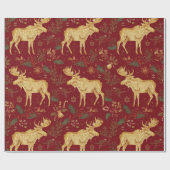 Elegant gouden rendier rood vrolijk kerstpatroon cadeaupapier (Vlak)