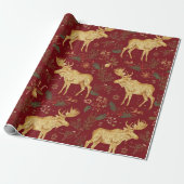 Elegant gouden rendier rood vrolijk kerstpatroon cadeaupapier (Uitgerold)