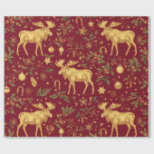 Elegant gouden rendier rood vrolijk kerstpatroon cadeaupapier (Vlak)