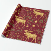 Elegant gouden rendier rood vrolijk kerstpatroon cadeaupapier (Uitgerold)