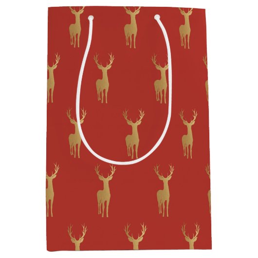 Elegant gouden rendier rood vrolijk kerstpatroon medium cadeauzakje (Voorkant)