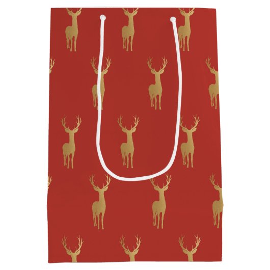 Elegant gouden rendier rood vrolijk kerstpatroon medium cadeauzakje (Achterkant)