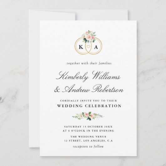 Elegant gouden ring zwarte roze florale bruiloft kaart (Voorkant)