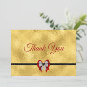Elegant gouden rode boog stropdas monogram bedankkaart (Staand voorkant)