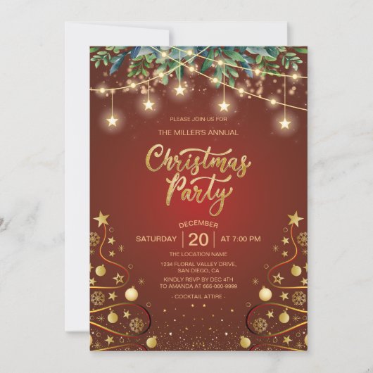 Elegant Gouden Rood Kerst Huis Corporate Party Kaart (Voorkant)