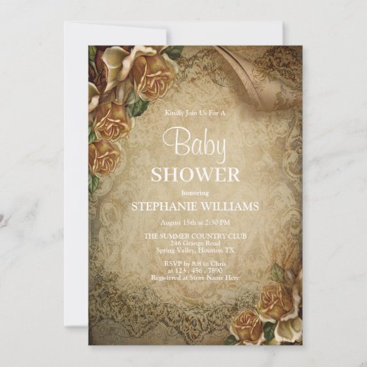 Elegant gouden Rozen & Damask Baby shower Kaart (Voorkant)